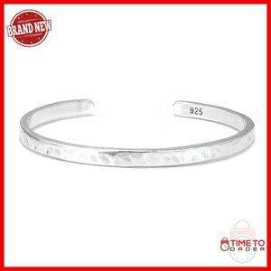 925 Sterling Silver Hammered Cuff Bracelet, Adjustable Minimalist Bangle